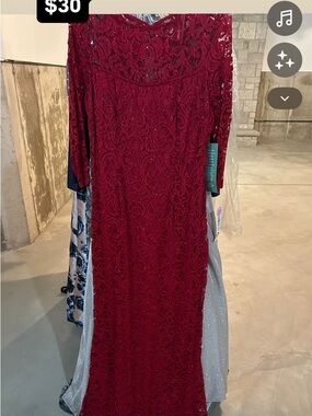 MARINA Crimson Red Long Sleeve Lace Evening Gown
